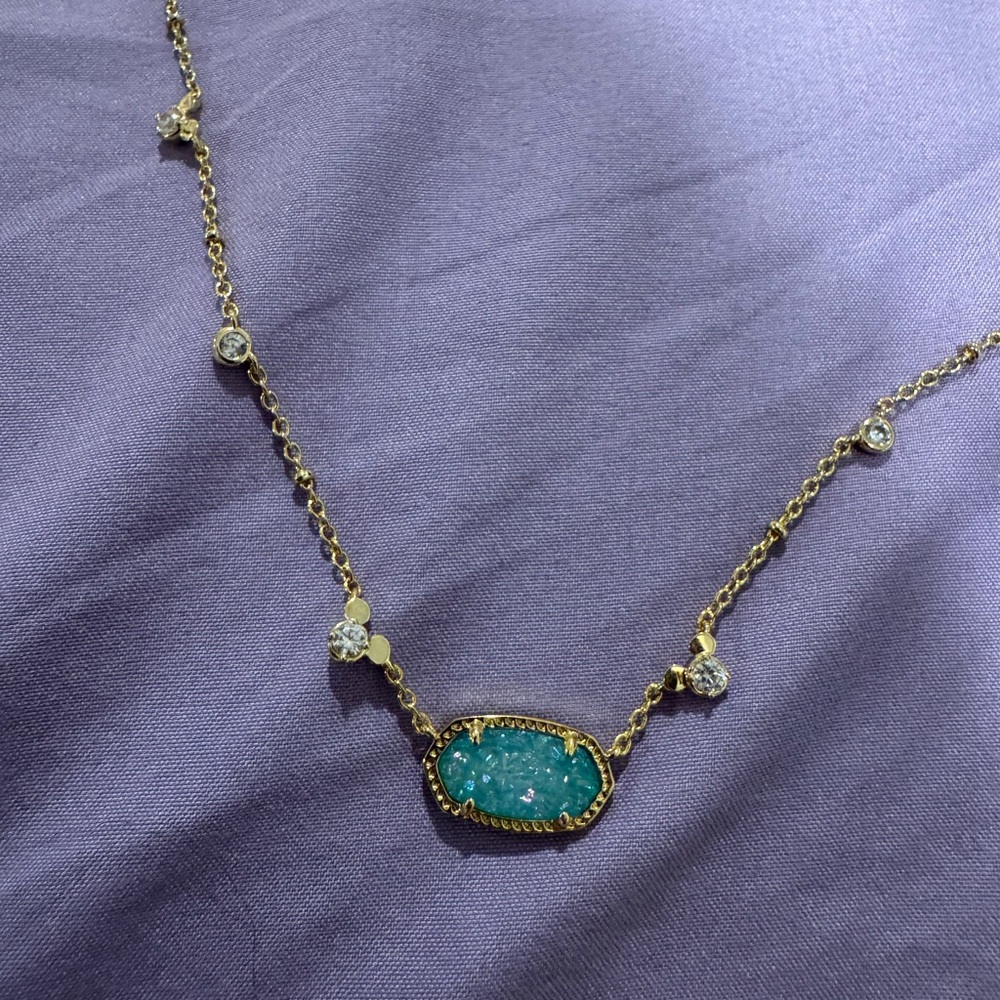 Kendra Scott Exclusive Gold Necklace with Teal Druzy Pendant and Clear Stones